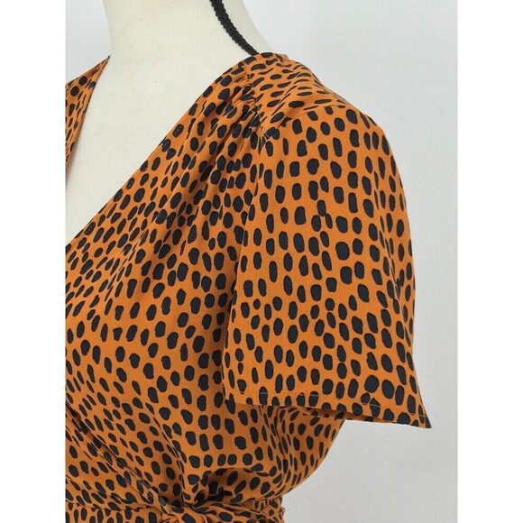 J.Crew Orange Black Spotted Drapey Twill Wrap Dress Sz 0 | Chic Short Sleeve - Picture 6 of 9
